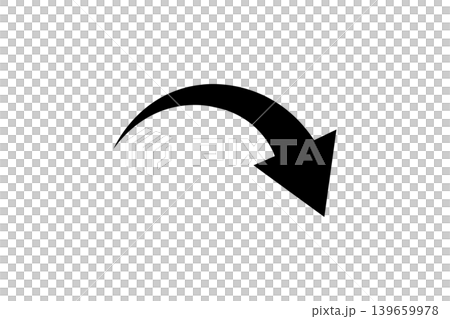 Black curved arrow pointing down and to the right on representing direction, movement, navigation, or return action for graphic design, UI, signage, and concept art. 139659978