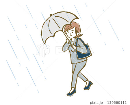 雨風強い中、傘をさして歩くスーツ姿の女性 139660111