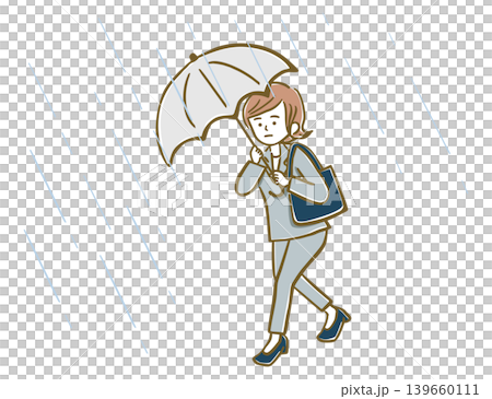 雨風強い中、傘をさして歩くスーツ姿の女性 139660111