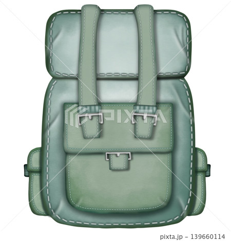 Backpack green color and Camouflage ,Hand Drawn Cute style, Camping and hiking simple set. 139660114