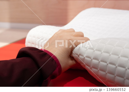 Hand touch fabric texture, soft textile cloth background, cotton quality control 139660552