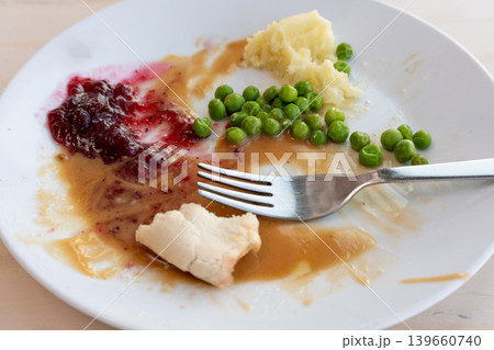 Food Leftovers, Unfinished Meal on Dirty Plate Closeup 139660740