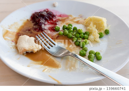 Food Leftovers, Unfinished Meal on Dirty Plate Closeup Food Leftovers, Unfinished Meal on Dirty Plate Closeup 139660741