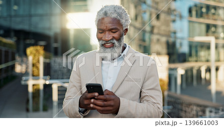 Outdoor, business and old man with cellphone, contact and typing with internet, city and smile. Opportunity, senior person and employee with smartphone, mobile user and lens flare with communication 139661003