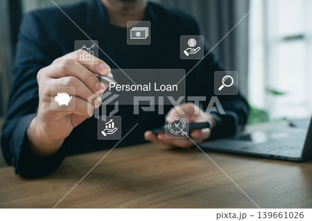 Businessman writing personal loan concept on virtual screen with smartphone and laptop, online banking, financial service, digital lending, fintech technology and credit approval Businessman writing personal loan concept on virtual screen with smartphone and laptop, online banking, financial service, digital lending, fintech technology and credit approval 139661026