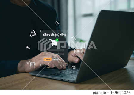 Businessman using laptop with online shopping interface, digital payment, ecommerce technology, mobile banking, discount promotion, cashless transaction and fintech concept Businessman using laptop with online shopping interface, digital payment, ecommerce technology, mobile banking, discount promotion, cashless transaction and fintech concept 139661028