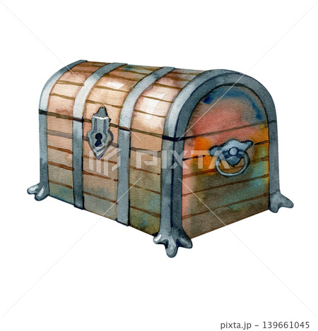 Watercolor illustration of a vintage wooden treasure chest with metal reinforcements and a keyhole. Hand drawn antique trunk with detailed textures and shadows, perfect for pirate or fantasy themes. Watercolor illustration of a vintage wooden treasure chest with metal reinforcements and a keyhole. Hand drawn antique trunk with detailed textures and shadows, perfect for pirate or fantasy themes. 139661045