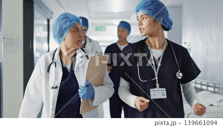Doctors, nurses and people walking, teamwork or planning healthcare, clinic management and talking of ideas. Medical worker, surgeon and mentor support, hospital feedback and checklist or charts 139661094