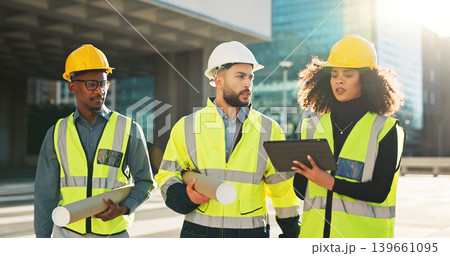 People, architect and tablet in city planning for meeting, construction or building project on site. Group of employees, contractor or engineer in teamwork on technology for architecture plan or idea 139661095