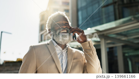Business, phone call and old man in a city, smile and communication with planning, talking and network. Senior person, employee and outdoor with entrepreneur, cellphone and contact with conversation 139661166