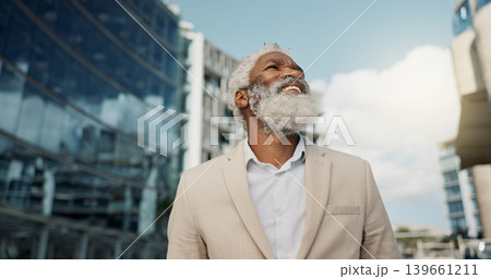 City, business and elderly man with thinking, entrepreneur and opportunity with peace, startup and decision. African person, outdoor and agent with professional, accountant and New York with choice 139661211