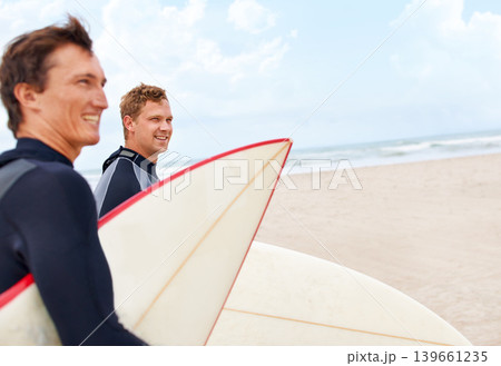 Surfboard, happy or friends waiting at beach on holiday on vacation or adventure for fitness or travel. Ready, people or surfers at sea on holiday in ocean in Hawaii for wellness or extreme sports Surfboard, happy or friends waiting at beach on holiday on vacation or adventure for fitness or travel. Ready, people or surfers at sea on holiday in ocean in Hawaii for wellness or extreme sports 139661235