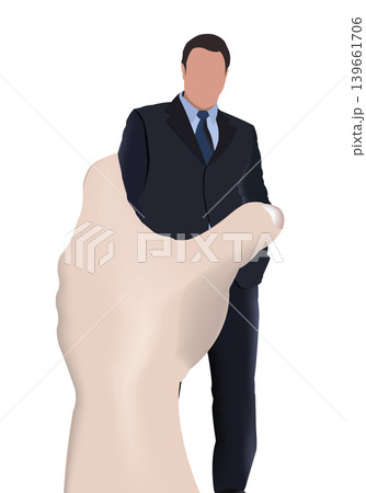Giant hand reaching for businessman standing in suit Giant hand reaching for businessman standing in suit 139661706