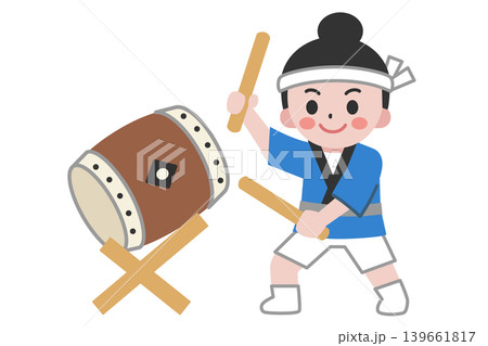お祭りの法被を着た、太鼓を演奏する女性（主線なし） 139661817