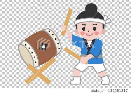 お祭りの法被を着た、太鼓を演奏する女性（主線なし） 139661817