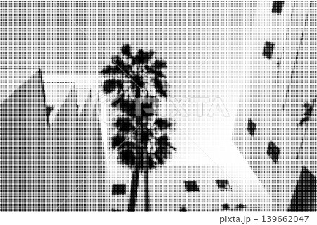 Modern white buildings with palm trees on blue sky background. The clean architectural lines, lush green palms Modern white buildings with palm trees on blue sky background. The clean architectural lines, lush green palms 139662047