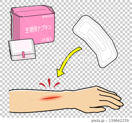An illustration of using a sanitary napkin to stop bleeding from an injury. An illustration of using a sanitary napkin to stop bleeding from an injury. 139662259