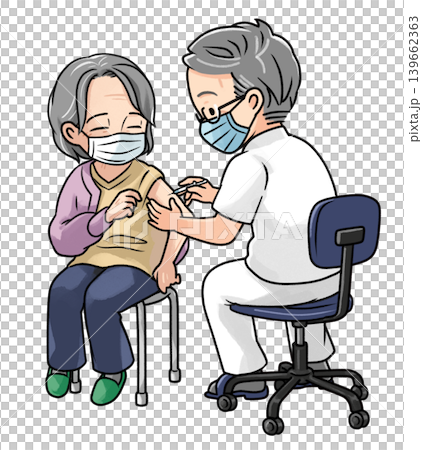 一位戴著口罩的老婦人在接種疫苗時 139662363
