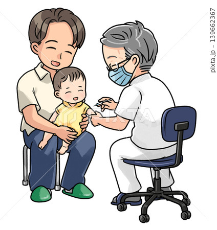 笑顔で予防接種を受ける赤ちゃん(父親) 笑顔で予防接種を受ける赤ちゃん(父親) 139662367