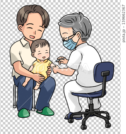 笑顔で予防接種を受ける赤ちゃん(父親) 笑顔で予防接種を受ける赤ちゃん(父親) 139662367