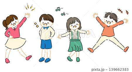 笑顔で元気に過ごす子どもたちのシンプルイラスト（ポップカラー） 139662383