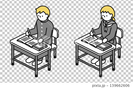 等距插圖:一名國中男生和一名國中女生在課桌前學習。 等距插圖:一名國中男生和一名國中女生在課桌前學習。 139662606
