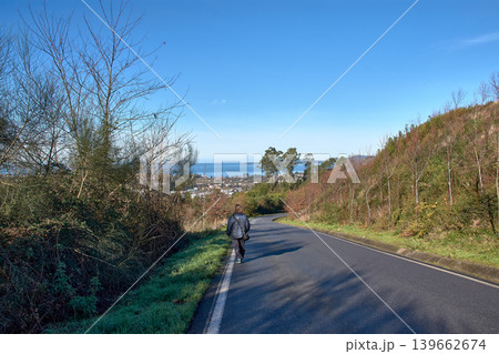 Scenic mountain road in San Andres de Comesana with Ria de Vigo view Scenic mountain road in San Andres de Comesana with Ria de Vigo view 139662674
