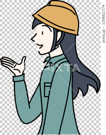 戴著安全帽、穿著工作服的女工的側面圖。 戴著安全帽、穿著工作服的女工的側面圖。 139662774