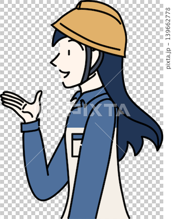 戴著安全帽、穿著工作服的女工的側面圖。 139662778
