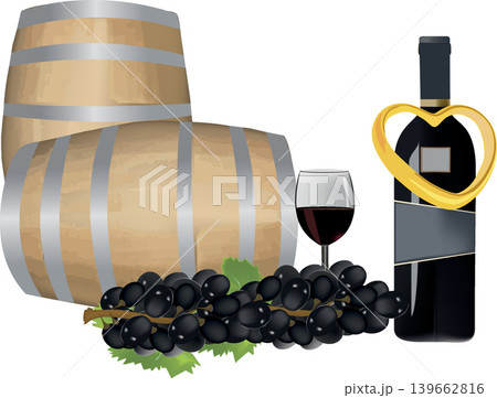 Winemaking process celebrating wine with wooden barrels, a bottle, glass, and grapes 139662816