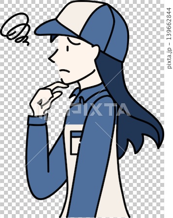 A side view illustration of a working woman wearing a hat and work clothes. 139662844