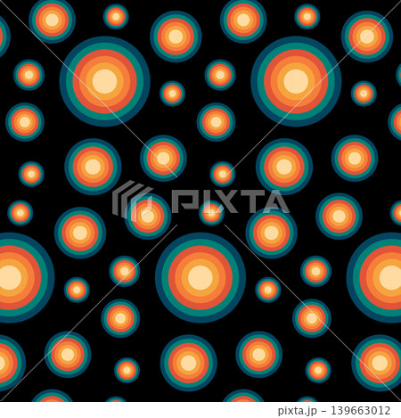 Retro Seamless Pattern with Vibrant Concentric Polka Dots on Black 139663012