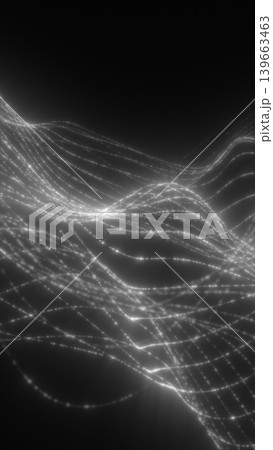 Black and white abstract wave lines with glowing dotted trails, representing digital data flow, signals, and network motion. Black and white abstract wave lines with glowing dotted trails, representing digital data flow, signals, and network motion. 139663463