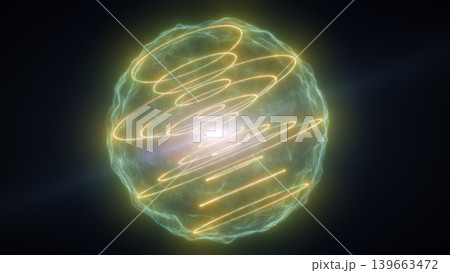 Golden energy sphere with glowing spiral orbit lines and soft plasma shell, futuristic abstract light globe on dark background Golden energy sphere with glowing spiral orbit lines and soft plasma shell, futuristic abstract light globe on dark background 139663472