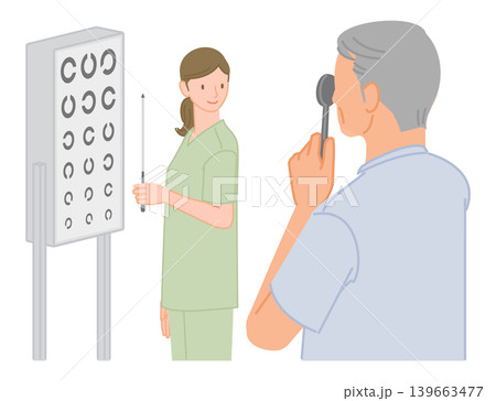 シニア男性が看護師による視力検査を受けている病院の健康診断イメージイラスト 139663477