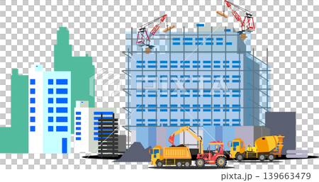 建設現場のベクターイラスト：ビル建築、クレーン、重機、大規模修繕 139663479