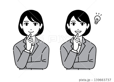 腕組みで考えるスーツ姿の若い女性のイラストセット モノトーン 腕組みで考えるスーツ姿の若い女性のイラストセット モノトーン 139663737