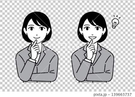 腕組みで考えるスーツ姿の若い女性のイラストセット モノトーン 腕組みで考えるスーツ姿の若い女性のイラストセット モノトーン 139663737
