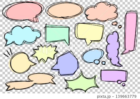 Hand-drawn style speech bubble set, transparent PNG (12 variations: colorful, rough, pastel colors) 139663779