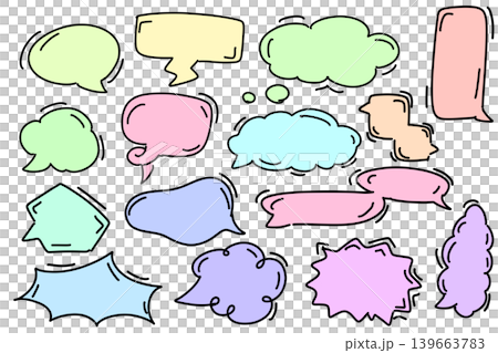 Hand-drawn style speech bubble set, transparent PNG (16 variations, colorful, pastel colors) 139663783