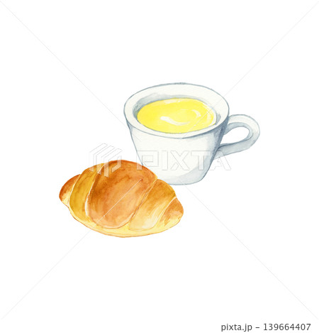 手描き水彩のコーンスープとバターロールの朝食イラスト 手描き水彩のコーンスープとバターロールの朝食イラスト 139664407