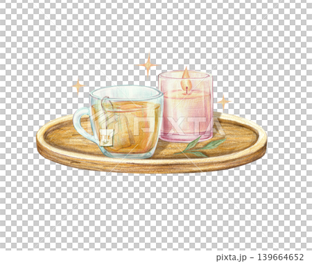Cozy feminine composition with a candle, tea on a tray. Hand drawn pencil isolated illustration for self care and health design Cozy feminine composition with a candle, tea on a tray. Hand drawn pencil isolated illustration for self care and health design 139664652