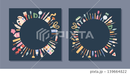 Cartoon tools circle on flat square background. Fun artist tool collection with pencil, brush and palette as colorful art supplies frame. Cute paint and craft template for school class or workshop 139664822