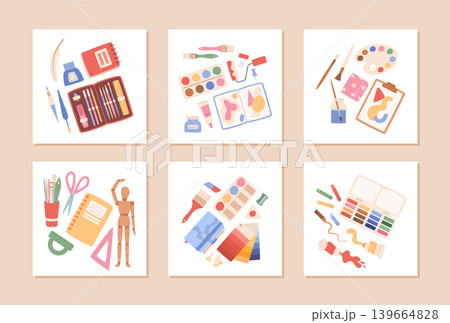 Set of flat artist tool concept in soft pastel art style. Painting tools and brush palette on white background show colorful stationery for painter and school craft class. Watercolor art supplies set 139664828