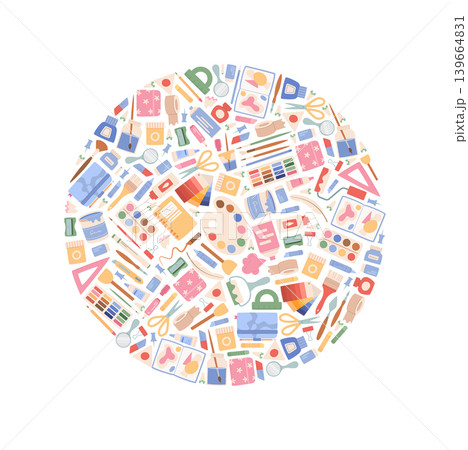 Painter equipment flat doodle circle concept on white background. Art palette with brush and school supplies form playful painting tools shape. Color craft kit icon suits education, creative class Painter equipment flat doodle circle concept on white background. Art palette with brush and school supplies form playful painting tools shape. Color craft kit icon suits education, creative class 139664831