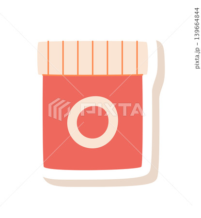 Flat red paint jar on white sticker. Cute cartoon paint box as art supply and stationery object for children and painter hobby. Simple bottle jar icon for school craft class or creative workshop kit Flat red paint jar on white sticker. Cute cartoon paint box as art supply and stationery object for children and painter hobby. Simple bottle jar icon for school craft class or creative workshop kit 139664844