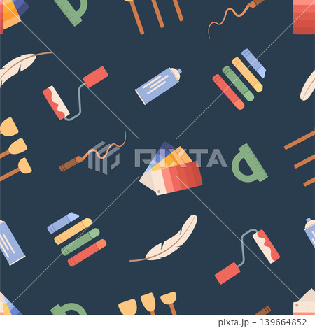 Flat art pattern with artist supplies on dark background seamless. Cartoon paint tool layout as creative craft kit. Seamless artroom backdrop for school stationery, children study and hobby 139664852