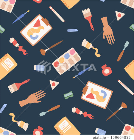 Artist supply seamless pattern in flat style. Cartoon painting art kit as colorful background and creative school workshop. Palette, brush, acrylic paper and watercolor object for study hobby theme 139664853