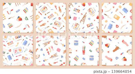Cartoon painter tools seamless pattern on white background set. Seamless art set with brush, paintbrush and palette as cute flat object. Creative paint tool for artist or painter craft, studio or Cartoon painter tools seamless pattern on white background set. Seamless art set with brush, paintbrush and palette as cute flat object. Creative paint tool for artist or painter craft, studio or 139664854