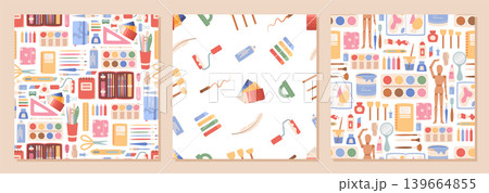Cartoon art craft tools seamless background pattern. Cute stationery and painting tool pattern as playful art craft collection. Colorful pencil and brush objects on white for children study, school Cartoon art craft tools seamless background pattern. Cute stationery and painting tool pattern as playful art craft collection. Colorful pencil and brush objects on white for children study, school 139664855